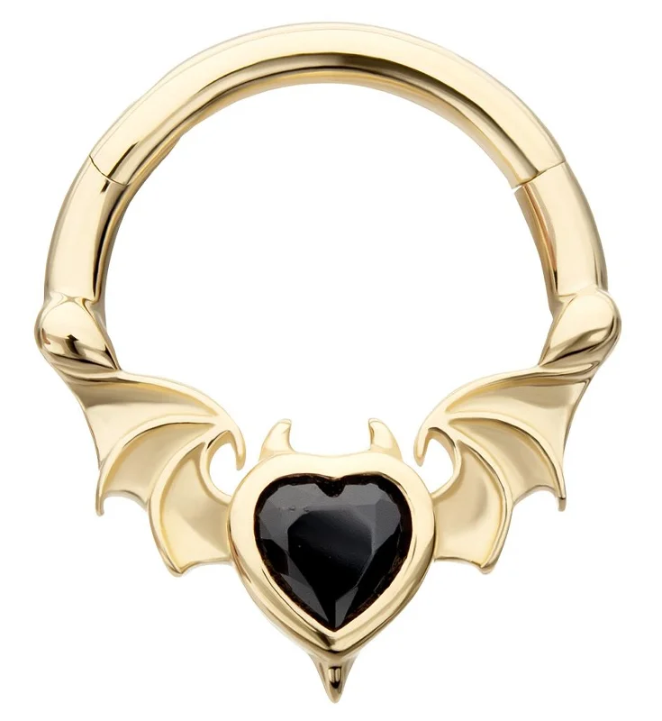 Four-stone earrings-14kt Gold Devilish Bat Wings Black Heart CZ Hinged Segment Ring