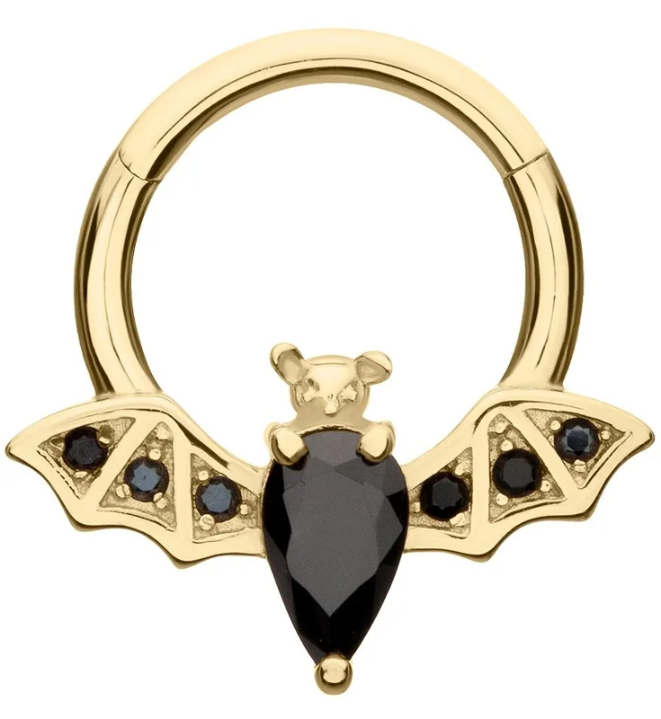 Raised-tier earrings-14kt Gold Flying Bat Black CZ Hinged Segment Ring