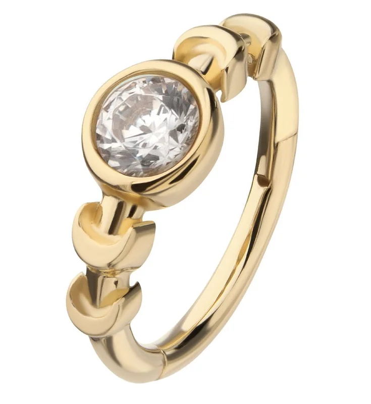 Crafted gold earrings-14kt Gold Moon Phase Bezel Clear CZ Hinged Segment Ring