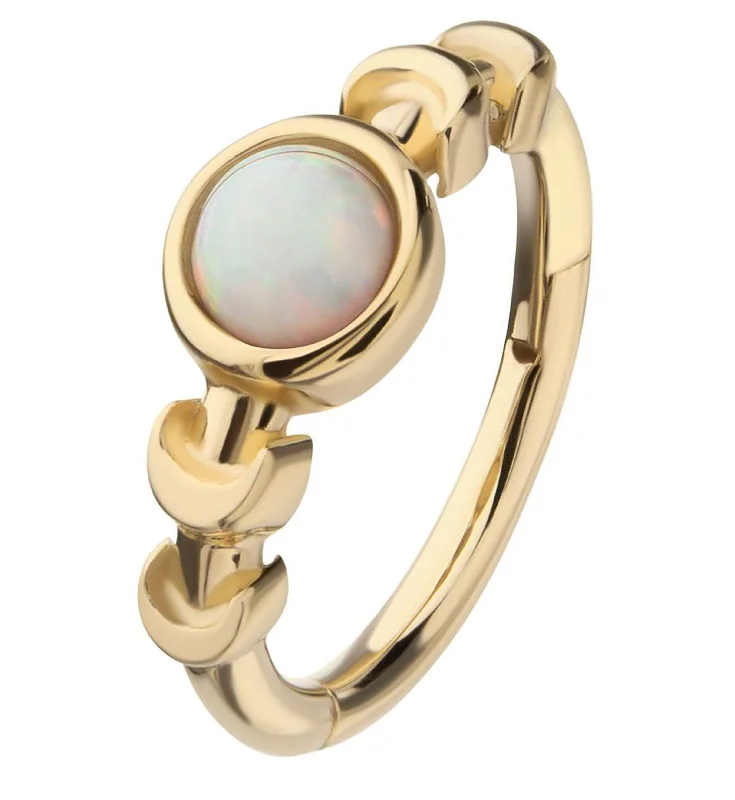 Luminous diamond earrings-14kt Gold Moon Phase Bezel White Opalite Hinged Segment Ring