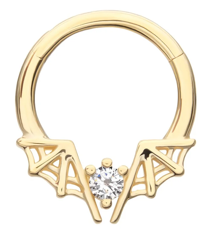 Open-horizon earrings-14kt Gold Spiderweb Bat Wings Clear CZ Hinged Segment Ring