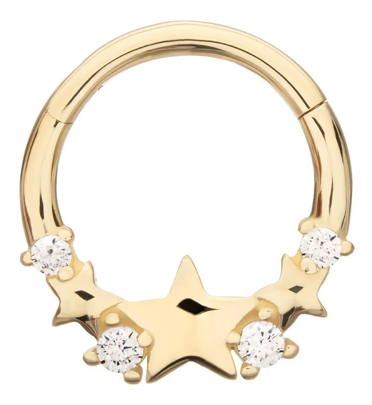 Peaked ridge earrings-14kt Gold Triple Star Clear CZ Hinged Segment Ring