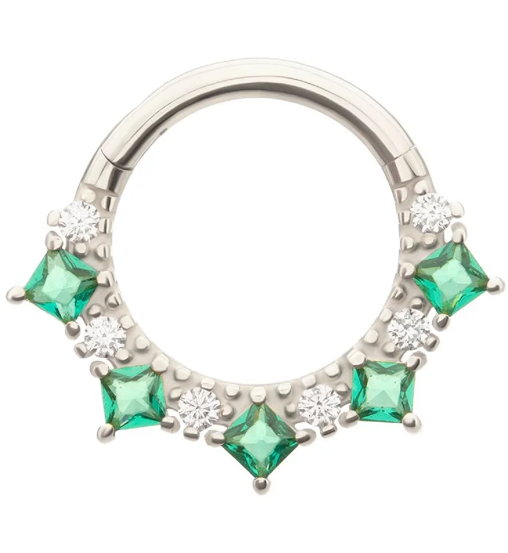 Shimmering platinum earrings-14kt White Gold Beaded Princess Emerald CZ Hinged Segment Ring