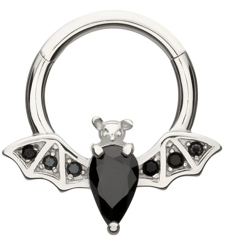 Knotted cord earrings-14kt White Gold Flying Bat Black CZ Hinged Segment Ring