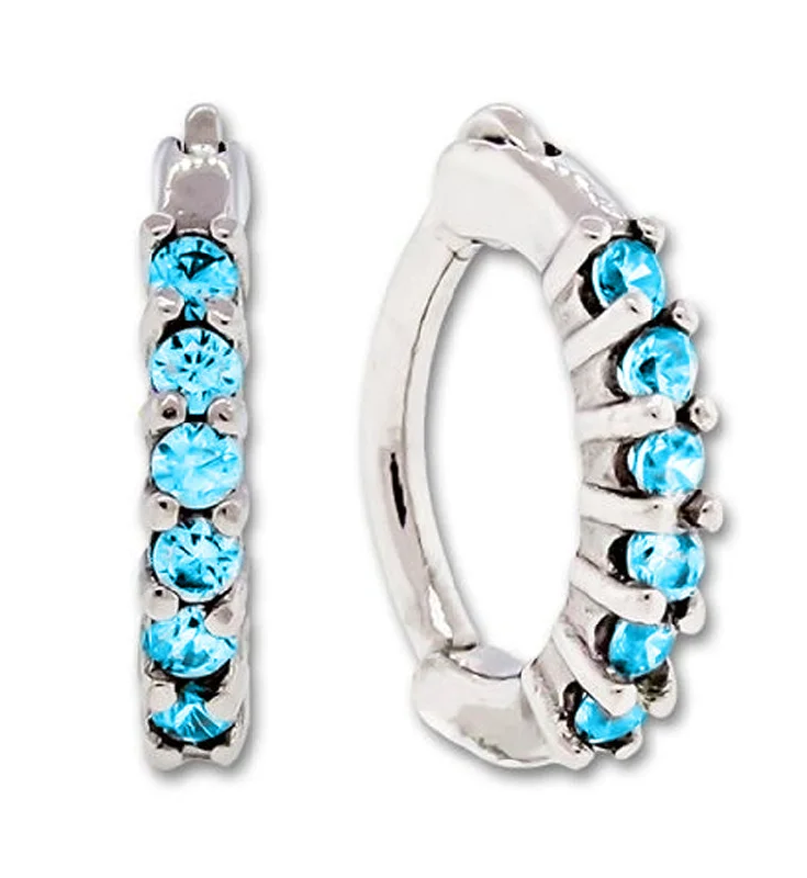 Polished steel earrings-16G Aqua CZ Lined Rook Clicker