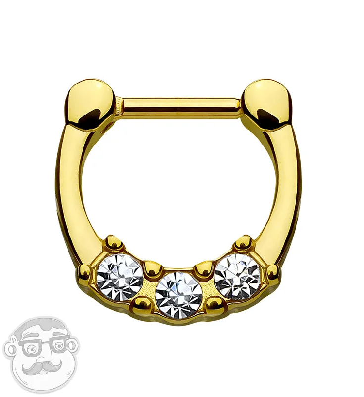 Broad-level earrings-16G PVD Gold Triple CZ Gem Stainless Steel Septum Clicker