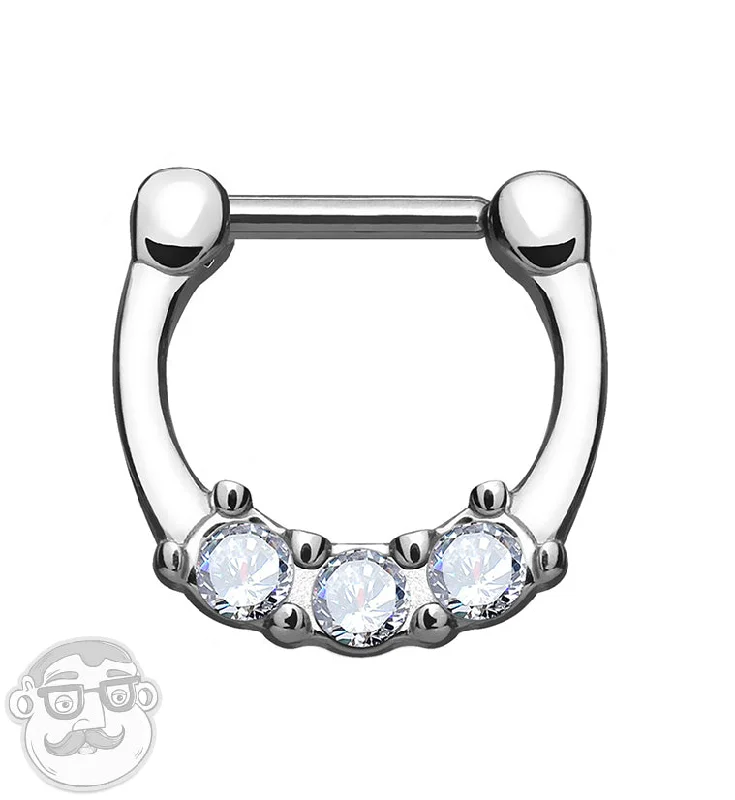 Fine-level earrings-16G Triple CZ Gem Stainless Steel Septum Clicker