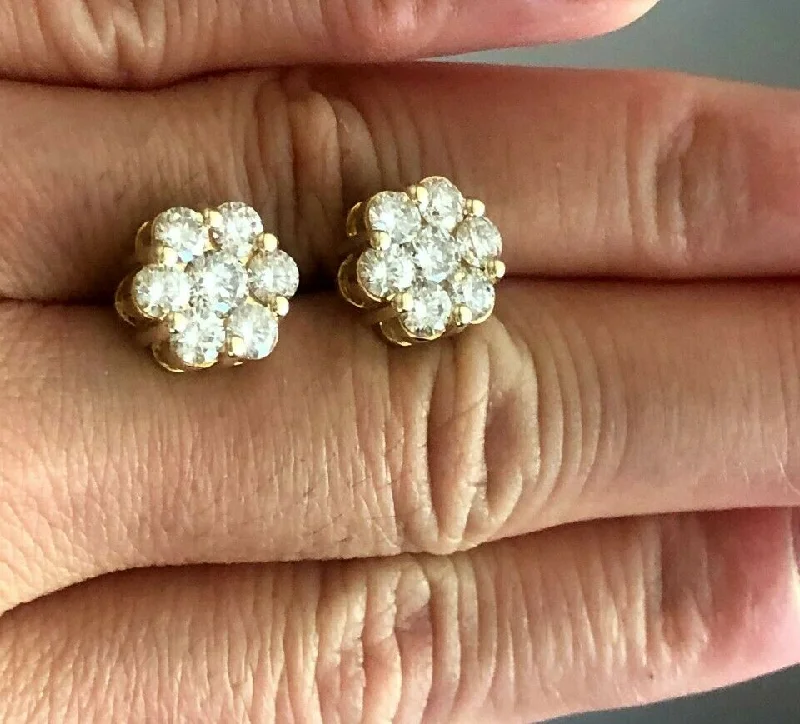 Floating diamond earrings-2.20 Carats Round Cut Diamond Cluster Flower Earrings In 14k Yellow Gold