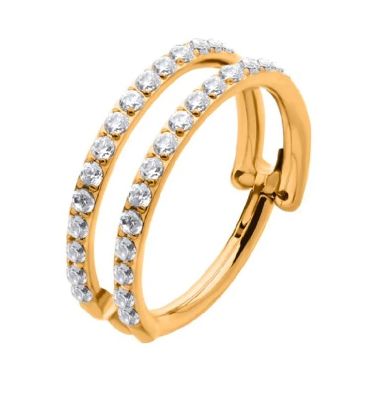 Glimmering gem earrings-24kt Gold PVD Double Interval CZ Row Titanium Hinged Segment Ring