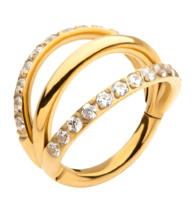 Solid-set pave earrings-24kt Gold PVD Triple Side Bar Dual Clear CZ Row Titanium Hinged Segment Ring