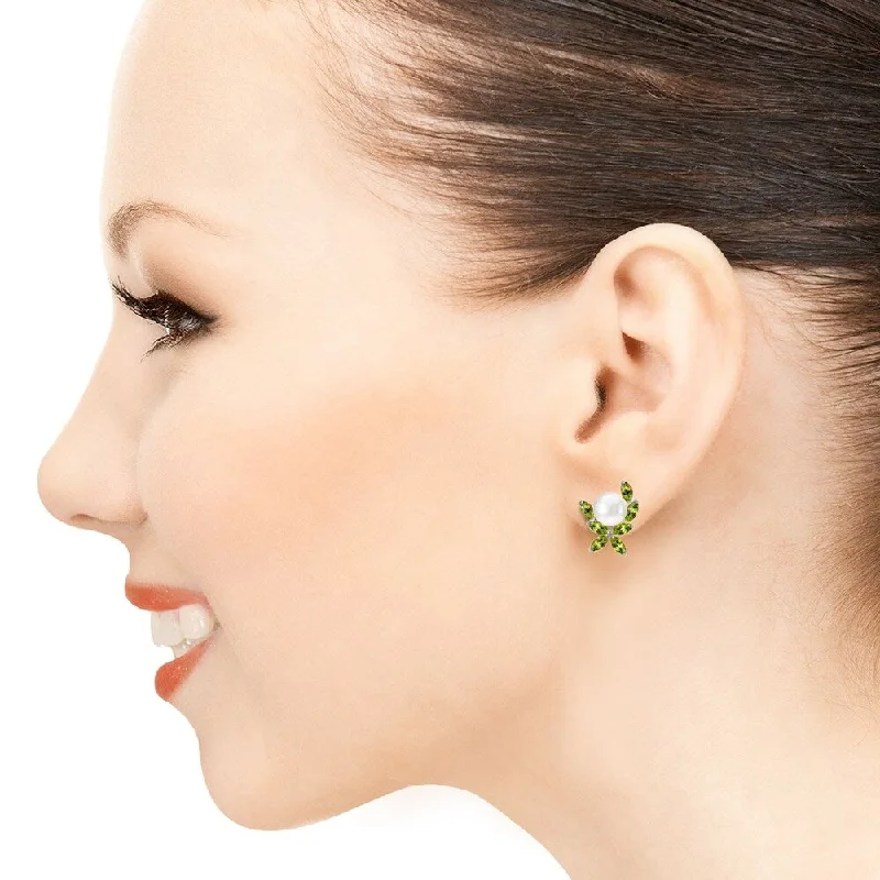 Inset gem earrings-3.25 Carat 14K Solid White Gold Stud Earrings Natural Peridot pearl