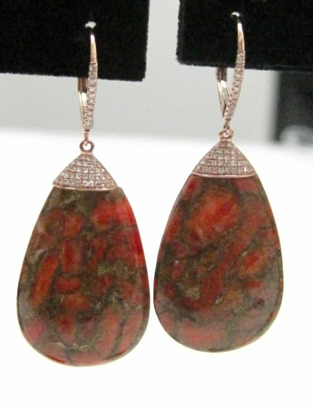 46.44 TCW Pear Rustic Orange Opal Diamond Dangling Earrings 14k Rose Gold