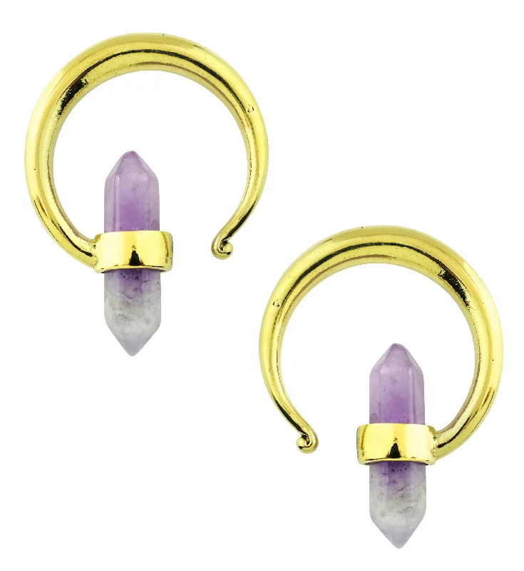 Shimmering platinum earrings-Amethyst Crystal Hoop Brass Ear Weights