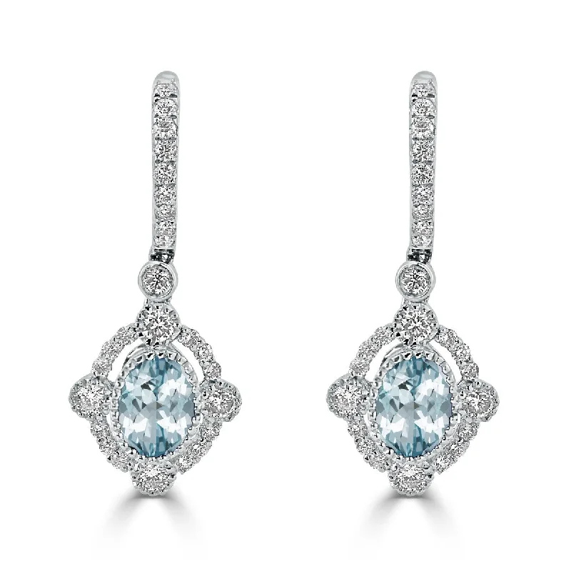 Solid-set pave earrings-Auriya 1 1/3ct Fancy Oval-cut Aquamarine Halo Diamond Dangle Earrings 7/8ctw 18k Gold