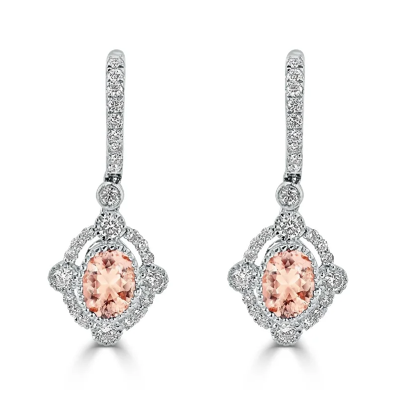 Floating diamond earrings-Auriya 1 1/4ct Fancy Oval-cut Morganite Halo Diamond Dangle Earrings 7/8ctw 18k Gold