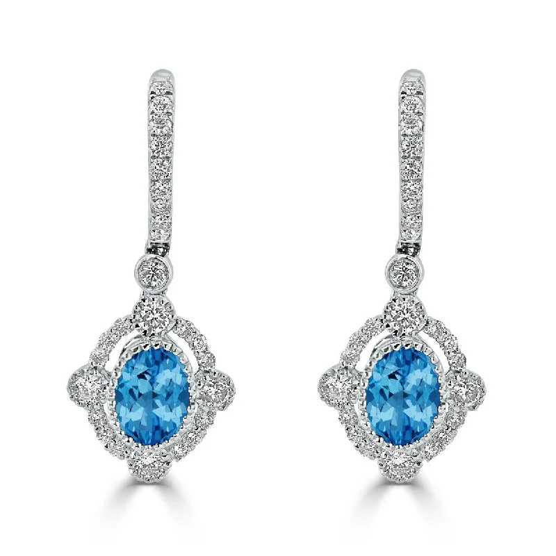 Vine-curl earrings-Auriya 1 3/4ct Fancy Oval-cut Blue Topaz Halo Diamond Dangle Earrings 7/8ctw 18k Gold