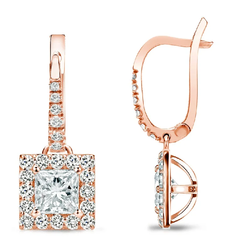 Bloom-bud earrings-Auriya 1ctw Princess-cut Halo Diamond Dangle Earrings 14k Rose Gold (H-I, SI1-SI2)