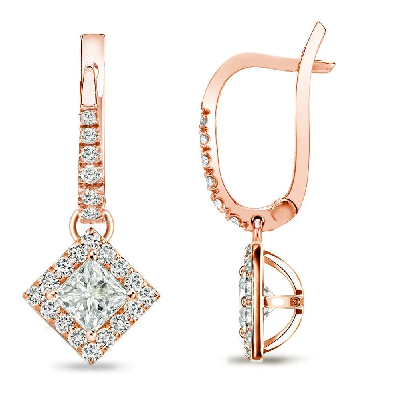 Open-horizon earrings-Auriya 3/4ctw Princess-cut Halo Diamond Dangle Earrings 14k Rose Gold (I-J, I1-I2)