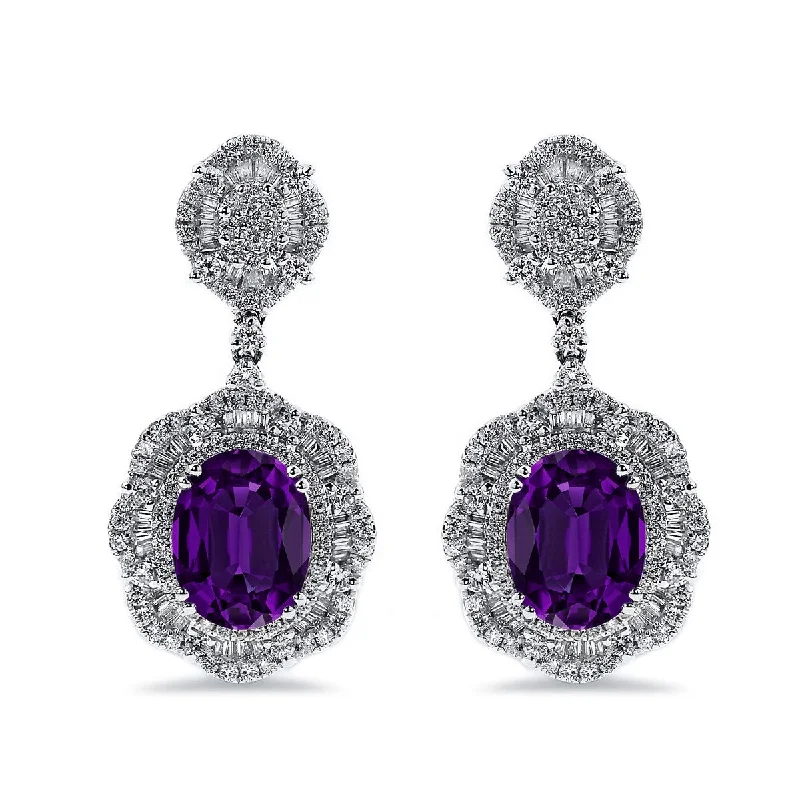 Four-stone earrings-Auriya 4 5/8ctFancy Oval-cut Purple Amethyst Halo Diamond Drop Earrings 2 5/8ctw 18k Gold