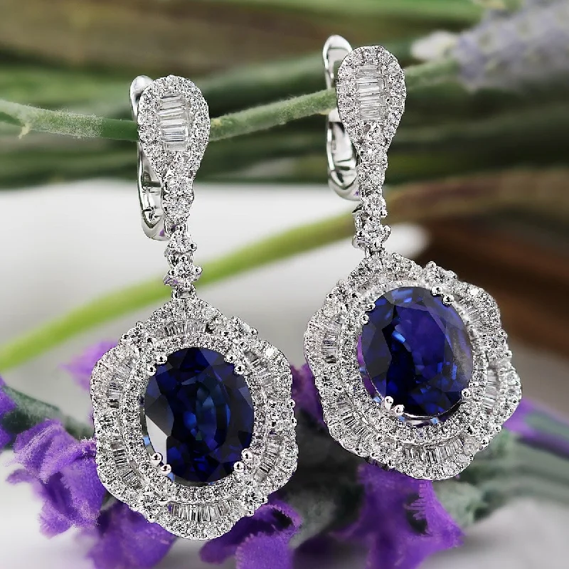 Natural garnet earrings-Auriya Fancy 6 3/8ct Royal Blue Sapphire Oval and 2 3/8ctw Halo Diamond Earrings 18K Gold