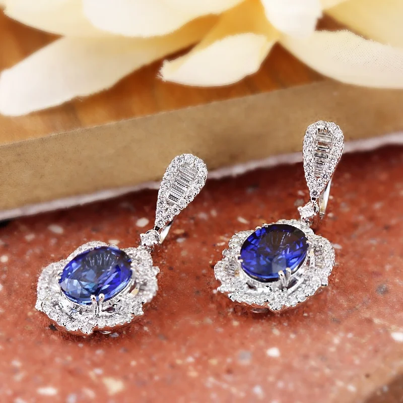 Clean cut earrings-Auriya Fancy 6 3/8cttw Royal Blue Sapphire Oval and 2 1/8ctw Halo Diamond Earrings 18K Gold