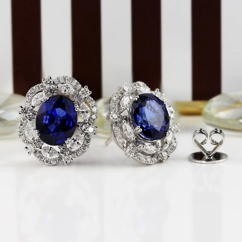 Dewdrop gem earrings-Auriya Fancy 7 1/2ct Royal Blue Sapphire Oval and 1 3/4ctw Halo Diamond Earrings 18K Gold