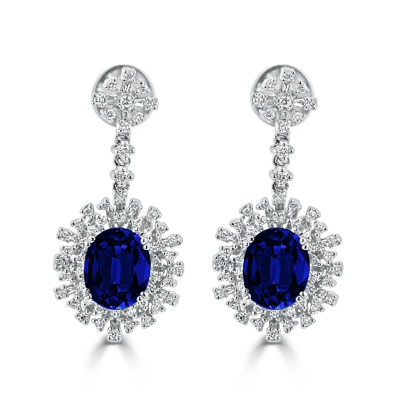 Stamped gem earrings-Auriya Fancy 7 5/8ct Blue Sapphire Oval and 1 1/3ctw Diamond Halo Dangle Earrings 18k Gold