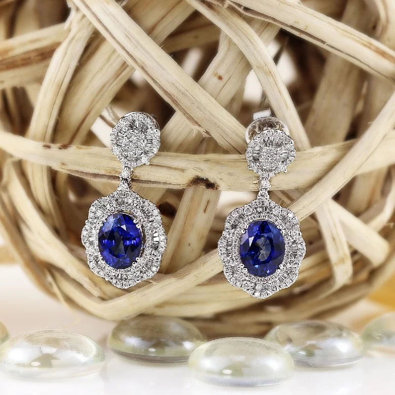 Rough-hewn stone earrings-Auriya Fancy 8 1/5ct Royal Blue Sapphire Oval and 1 5/8ctw Halo Diamond Dangling Earrings 18K Gold