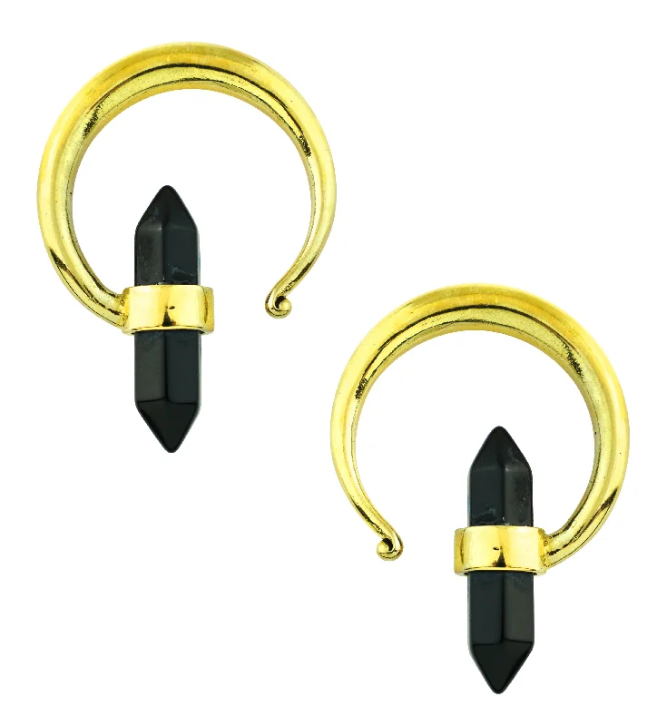 Subtle-carved earrings-Black Onyx Crystal Hoop Brass Ear Weights