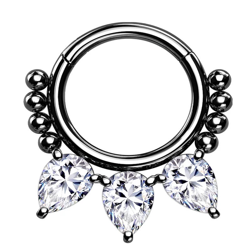 Pure pearl earrings-Black PVD Teardrop CZ Bead Hinged Segment Ring