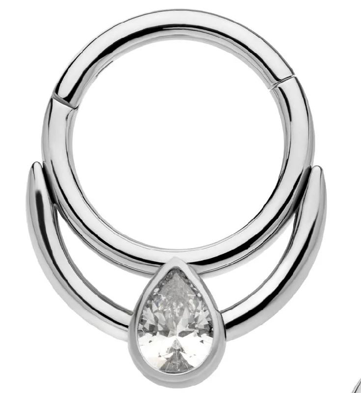 Patterned glaze earrings-Double Front Facing Hoop Teardrop CZ Titanium Hinged Segment Ring