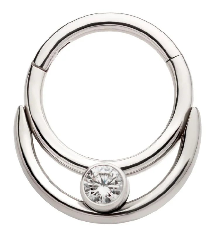 Hinged earrings-Double Hoop Bezel Clear CZ Stainless Steel Hinged Segment Ring