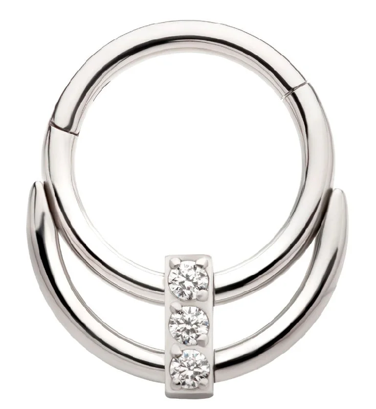 Night moon earrings-Double Hoop Triple Clear CZ Bar Stainless Steel Hinged Segment Ring