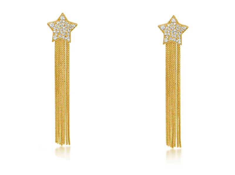 Full sapphire earrings-Earrings 14kt Gold Star Studs with Diamonds and rain of Chains