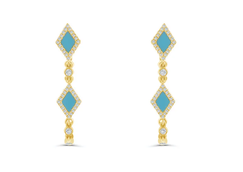 Clean cut earrings-Earrings 14kt Gold Turquoise Rhombus Shape Chain & Outline Diamonds