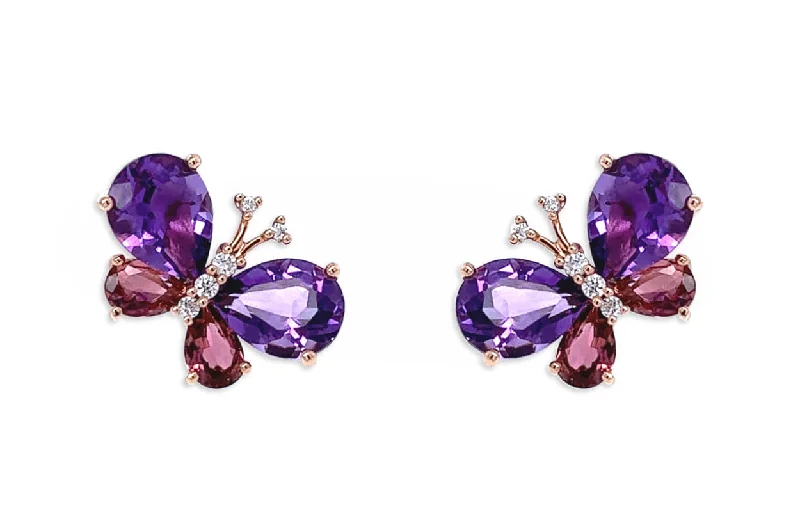 Shiny nickel earrings-Earrings 18kt Gold Butterflies Amethyst Tourmalines & Diamonds