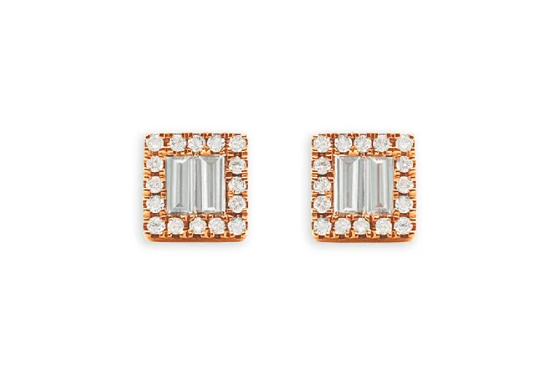 Floating diamond earrings-Earrings 18kt Gold Square Illusion Baguettes & Rounds Diamonds Studs