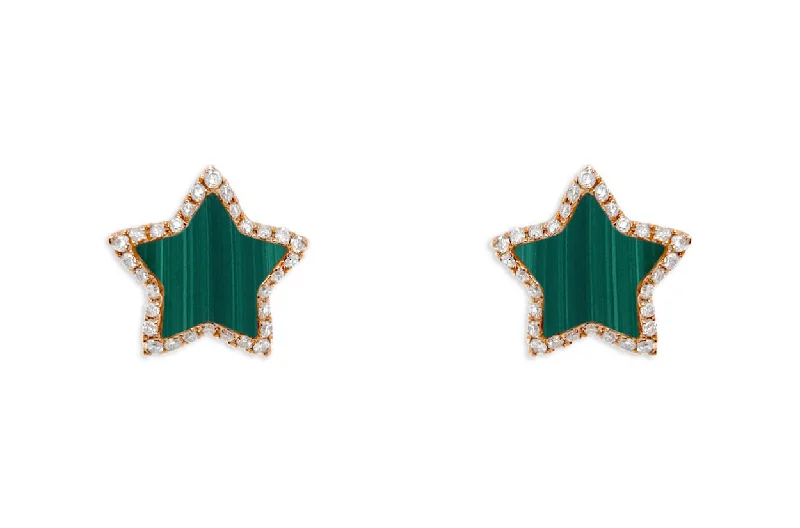 Clean cut earrings-Earrings 18kt Gold Stars Malachite & Diamonds Halo Studs