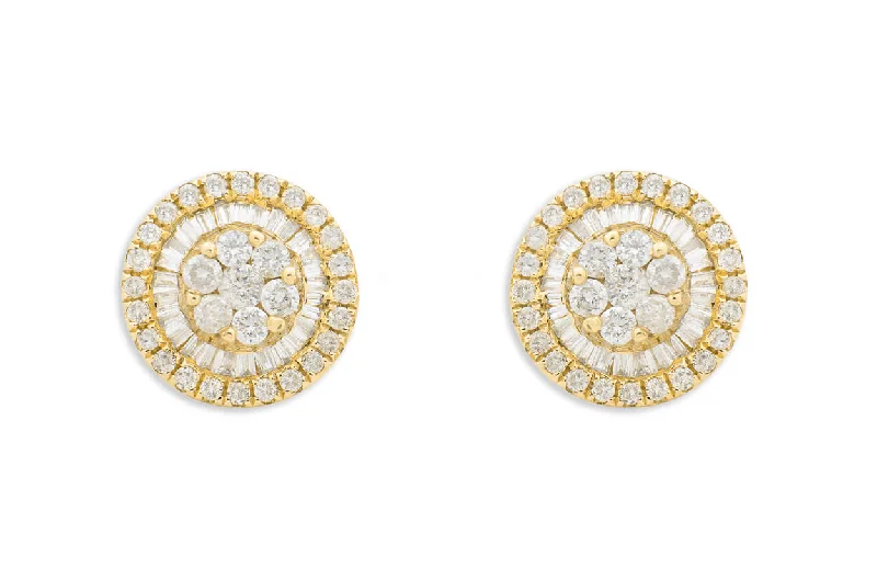 Crafted gold earrings-Earrings 18kt Yellow Gold Baguette & Round Diamonds Pizza