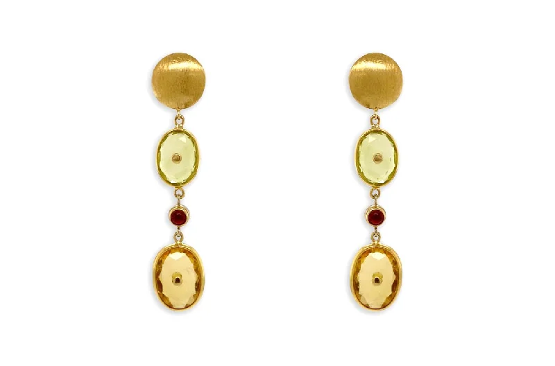 Tesselated design earrings-Earrings Lemon Citrine & Ruby Cabochon