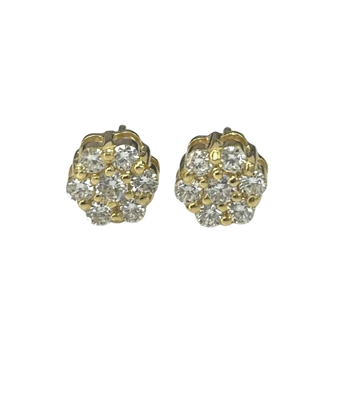 Elevated stone earrings-Flower Cluster Round Brilliant Diamond Earrings Yellow Gold