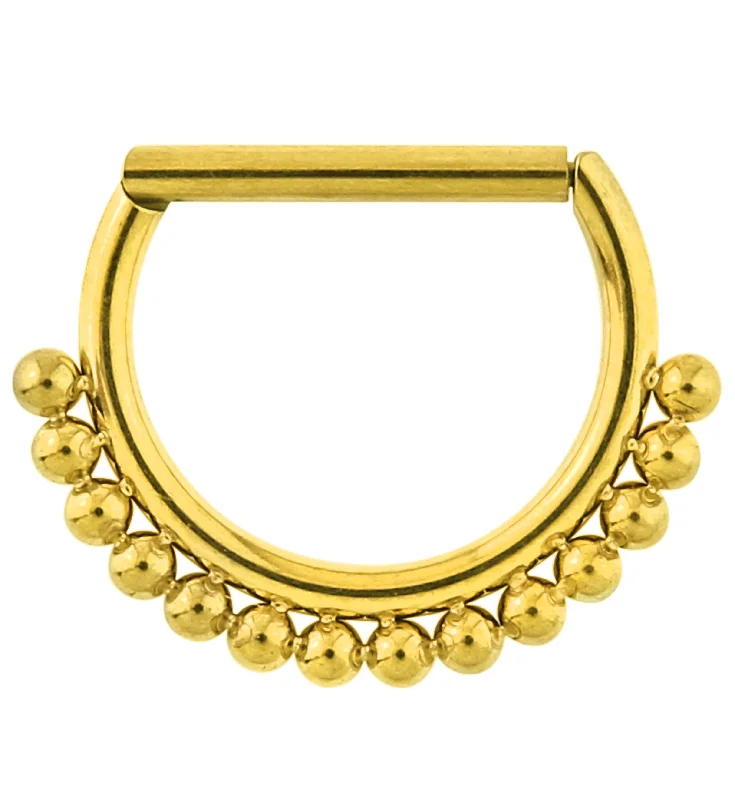 Hand-grooved earrings-Gold PVD Beaded D-Shaped Stainless Steel Hinged Segment Ring