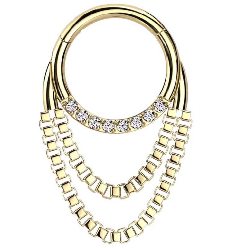 Grooved pattern earrings-Gold PVD Clear CZ Double Dangle Chain Titanium Hinged Segment Ring