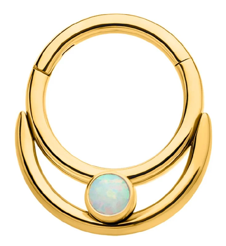 Dimpled earrings-Gold PVD Double Hoop Bezel White Opalite Stainless Steel Hinged Segment Ring