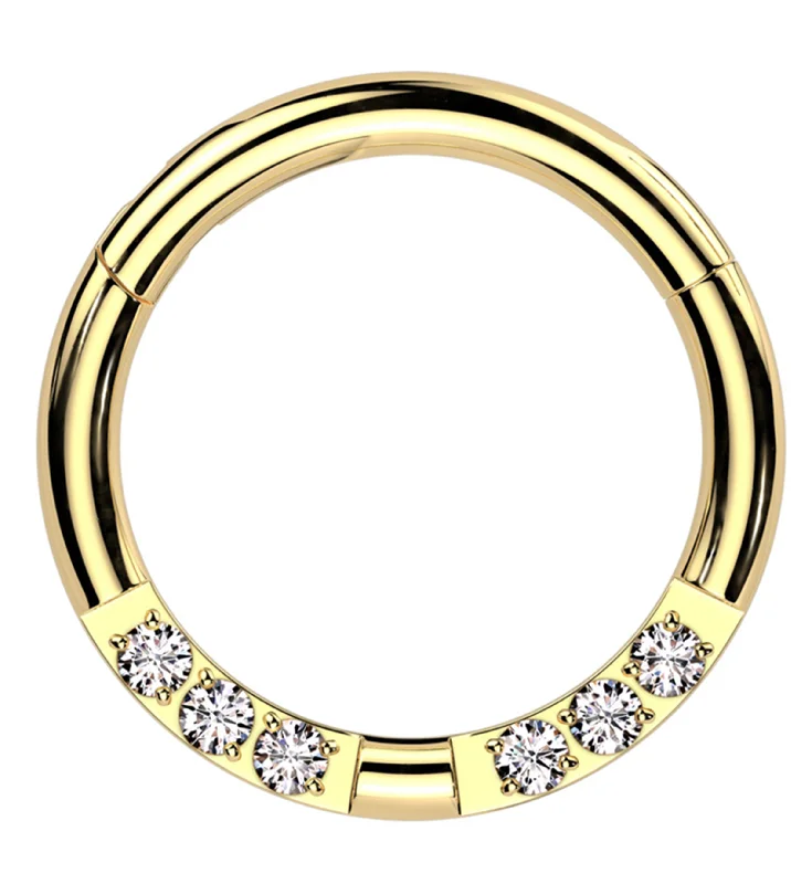 Shiny gem earrings-Gold PVD Ethereal Front Facing Clear CZ Stainless Steel Hinged Segment Ring