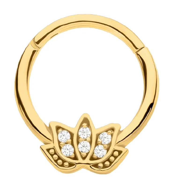 Four-stone earrings-Gold PVD Lotus Flower Clear CZ Stainless Steel Hinged Segment Ring