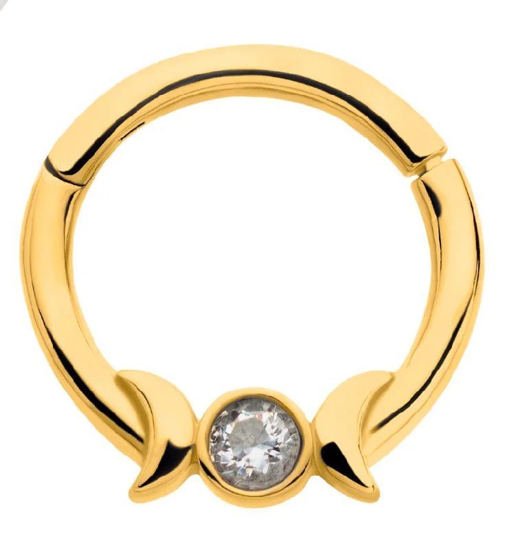 Bloom-bud earrings-Gold PVD Lunar Phase Clear CZ Stainless Steel Hinged Segment Ring