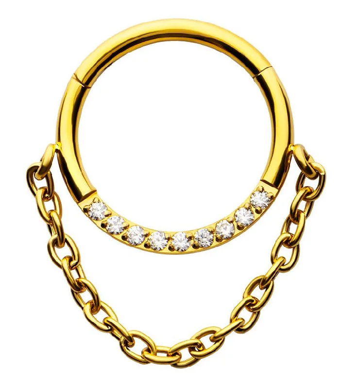 Brushed steel earrings-Gold PVD Pave Clear CZ Dangle Chain Stainless Steel Hinged Segment Ring