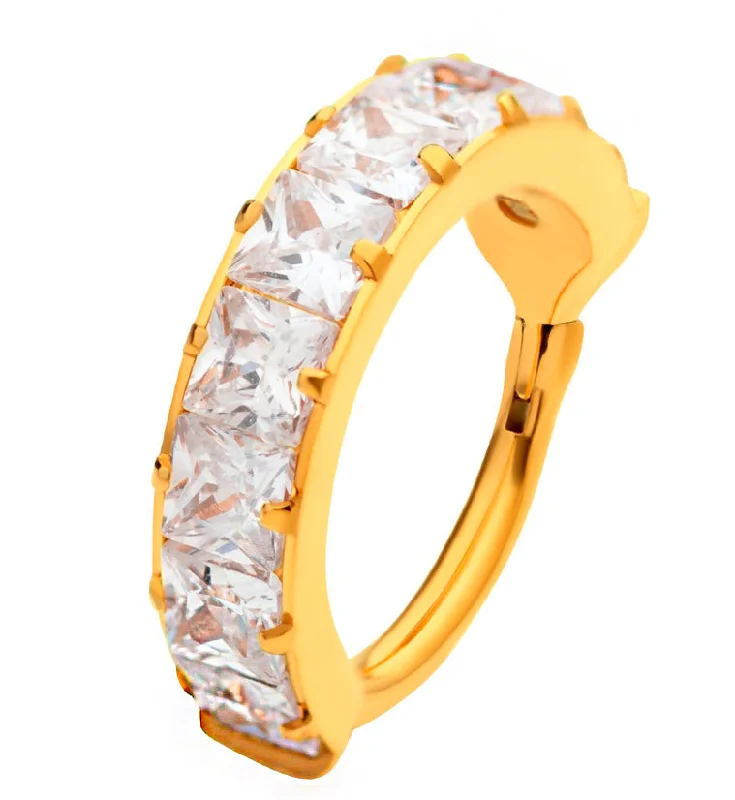 Fine-level earrings-Gold PVD Single Square CZ Row Titanium Hinged Segment Ring