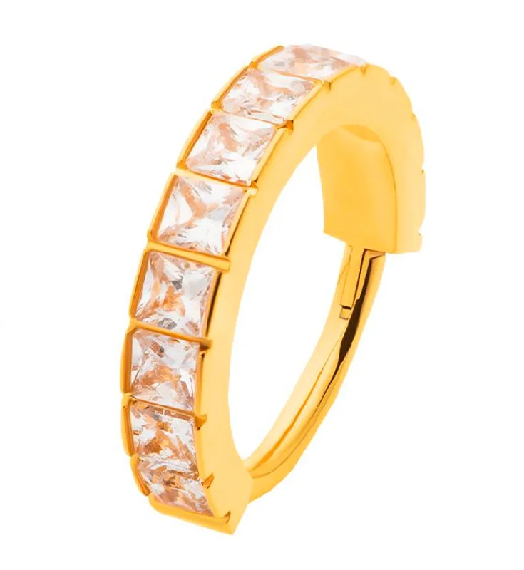 Subtle-carved earrings-Gold PVD Square CZ Row Stainless Steel Hinged Segment Ring